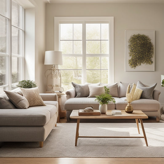 A modern, clutter-free living room with a neutral color palette, natural light pouring through large windows, and a few, strategically-placed decorative pieces on a minimalist coffee table.