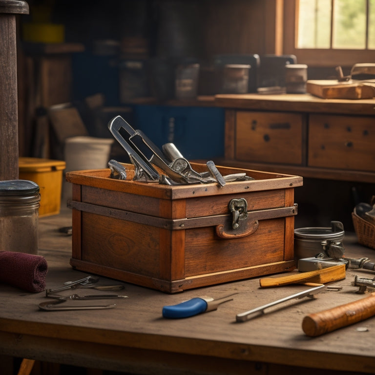 A wooden, collapsible box with a hinged lid, adorned with rustic metal clasps, sitting on a cluttered workshop table surrounded by scattered DIY tools and scattered wooden planks.