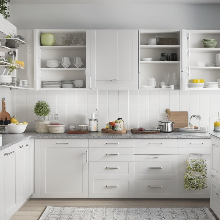 A bright, modern kitchen with sleek white base cabinets, featuring pull-out drawers, adjustable shelves, and a utensil organizer with a few visible kitchen tools, against a soft gray background.