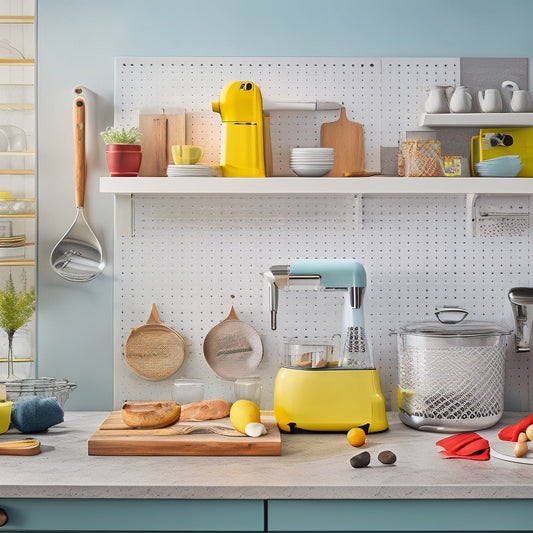 A bright, modern kitchen with a utensil-lined pegboard, a chef's workstation with a cutting board and knife, and a background shelf displaying a stand mixer, immersion blender, and cookbooks.