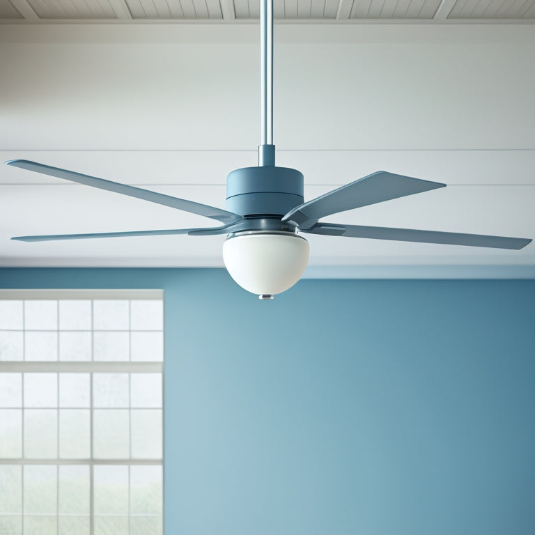 A minimalist illustration featuring a sleek, modern ceiling fan with gentle, curved blades in a soft gray tone, surrounded by a subtle, grid-patterned background, with a faint, light blue glow.