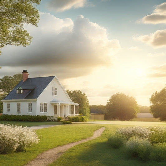 A serene background with a faint outline of a house, surrounded by lush greenery and a few fluffy white clouds, with a key hovering above the roof, shining brightly with a soft golden glow.