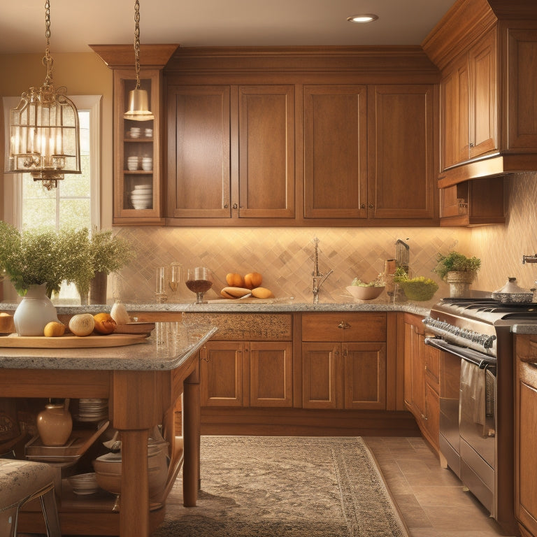 A serene, well-lit kitchen with 3-4 cabinets in a warm, honey-brown wood tone, with ornate metal hardware, surrounded by sleek countertops and a few decorative vases.