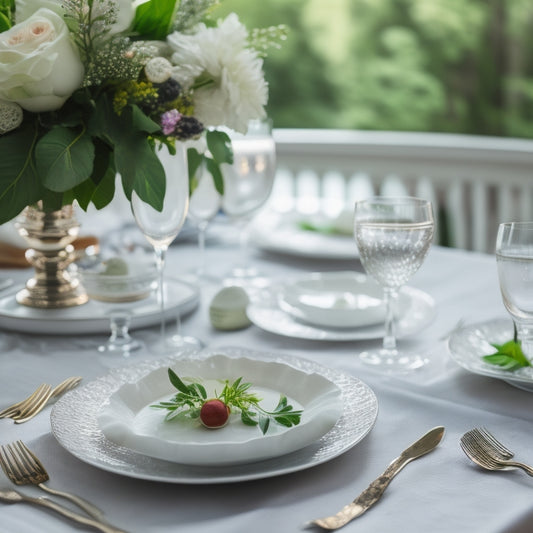 A beautifully set dinner table with crisp white linens, fine china, and sparkling crystal glasses, adorned with a delicate floral centerpiece and surrounded by lush greenery.