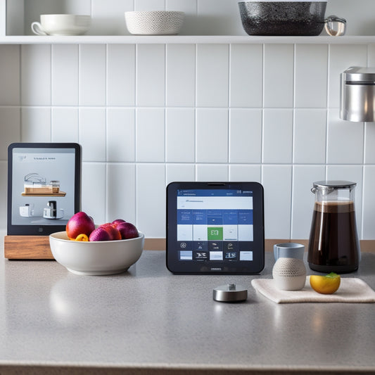 An organized kitchen countertop with a tablet displaying a digital recipe, a wireless charging pad with a smartphone, a digital kitchen scale, and a smart coffee maker in the background.