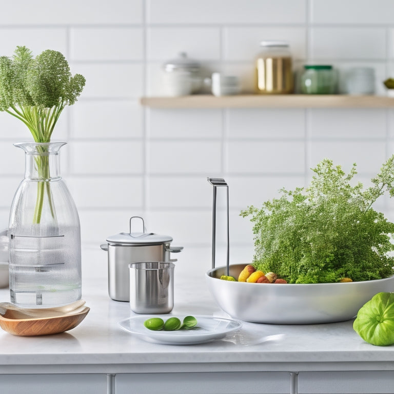 A tidy, modern kitchen countertop with a stainless steel utensil organizer, a set of stackable glass containers, a white marble cutting board, and a small, sleek kitchen scale, surrounded by a few fresh, green herbs.