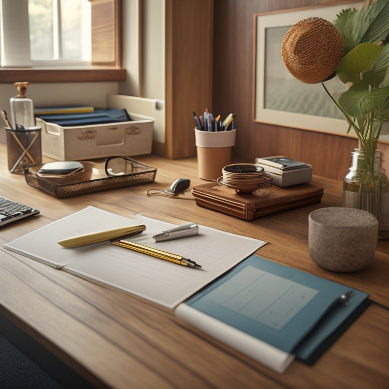 A tidy, well-organized desk with a few carefully selected printables and a few pens, surrounded by a minimalist background with a subtle woodgrain texture, and a hint of natural light.