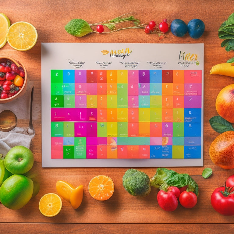 A bright and colorful illustration of a weekly calendar spread on a wooden kitchen table, surrounded by fresh fruits, vegetables, and a few cookbooks, with a faint outline of a meal planning template in the background.