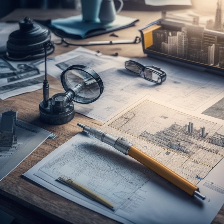A magnifying glass hovering above a blueprint, surrounded by scattered papers, pens, and a clipboard, with a subtle cityscape or industrial background, conveying a sense of detailed examination.