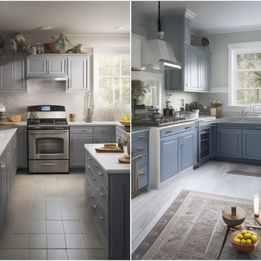 A dramatic before-and-after split-screen image: a cluttered, outdated kitchen with broken appliances and torn flooring on one side, and a sleek, modern kitchen with gleaming countertops and stainless steel fixtures on the other.