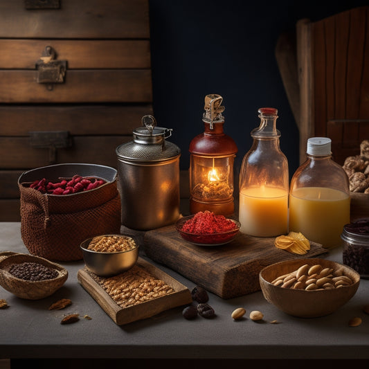 A rustic, wooden table with a lantern and first-aid kit in the background, displaying an assortment of non-perishable foods: canned beans, rice, dried fruits, energy bars, and MREs, arranged symmetrically.