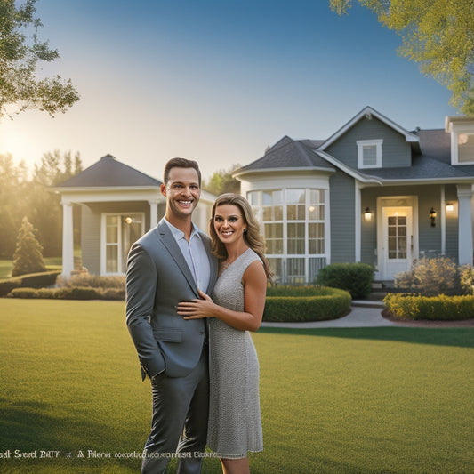 A serene, sunlit suburban scene featuring a smiling couple, mid-30s, standing in front of a beautiful, modern, two-story home with a lush green lawn and a "Sold" sign on the front door.