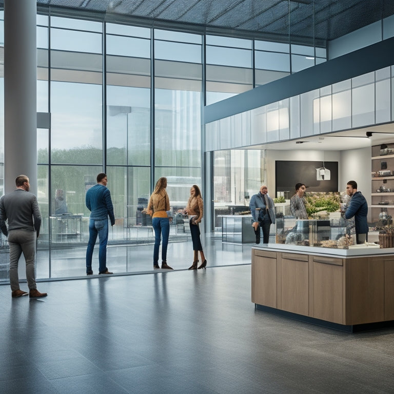 A modern, well-lit showroom with sleek, floor-to-ceiling displays of various cabinetry styles, surrounded by large windows and polished concrete floors, with a few customers browsing in the background.