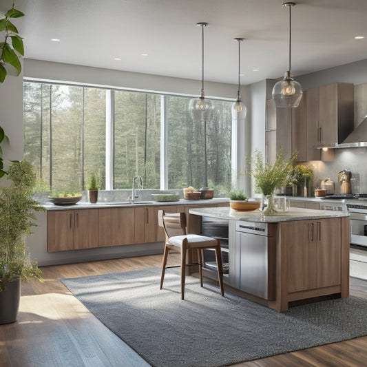 A modern, brightly lit living room with a renovated kitchen, featuring sleek countertops, stainless steel appliances, and a large island, surrounded by lush greenery and large windows.