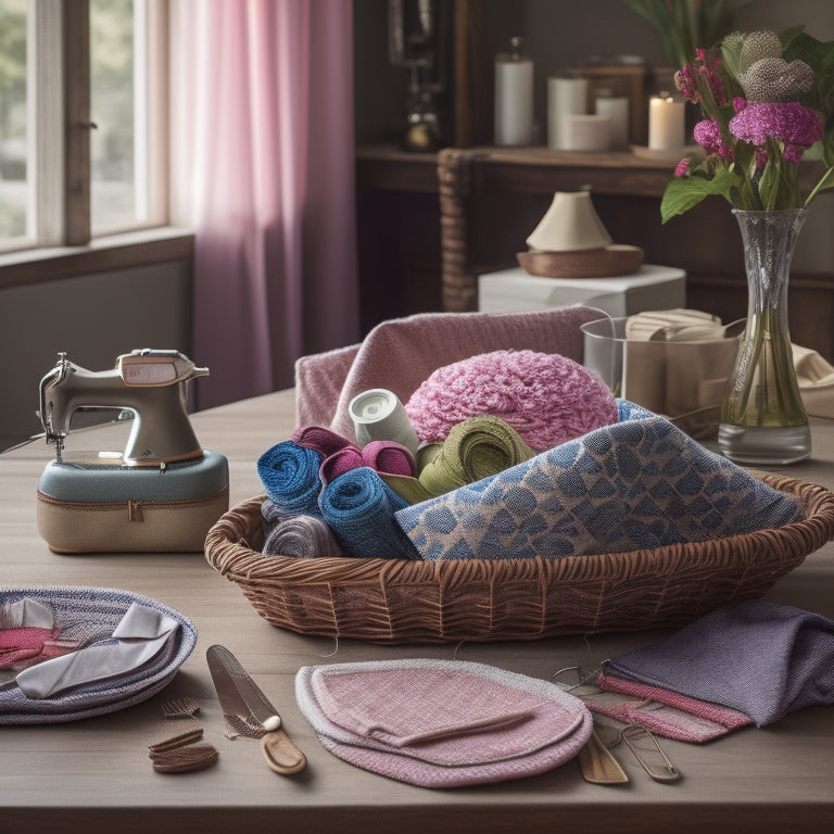 A beautifully styled table setting with a basket of freshly sewn cloth napkins in various colors and patterns, surrounded by sewing notions and a vintage sewing machine.