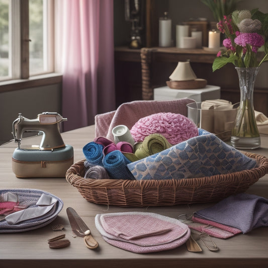 A beautifully styled table setting with a basket of freshly sewn cloth napkins in various colors and patterns, surrounded by sewing notions and a vintage sewing machine.