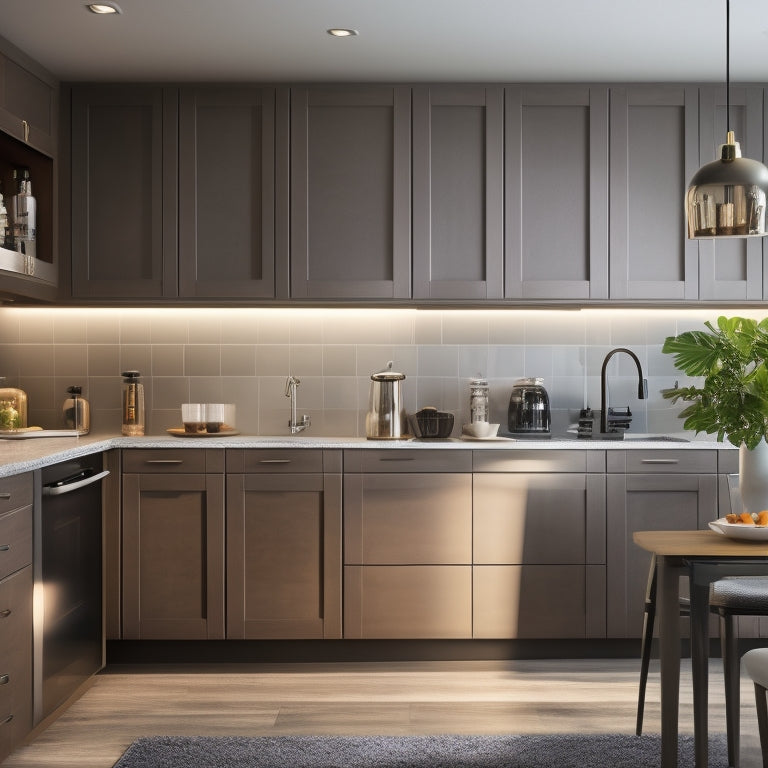 A sleek, modern kitchen with a U-shaped counter, upper cabinets with glass doors, a pull-out pantry, and a built-in coffee station, illuminated by soft, warm lighting.