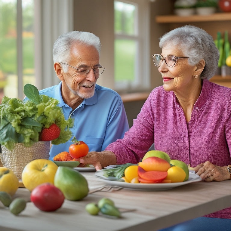 A warm and inviting illustration of a senior couple in their 60s sitting at a table, surrounded by a vibrant array of fresh fruits, vegetables, whole grains, and lean protein sources.