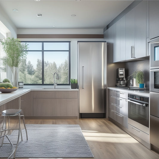 A clutter-free, modern apartment kitchen with a sleek island, stainless steel appliances, and a large window with natural light pouring in, featuring a tablet and smartphone displaying various digital tools.