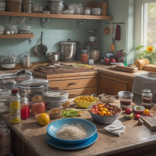 A messy kitchen with cluttered countertops, a sink piled high with dirty dishes, and a cluttered pantry with food items spilling out, surrounded by scattered recipe books and kitchen gadgets.