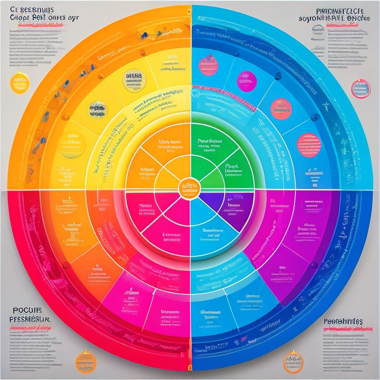 A colorful, symmetrical mind map with interconnected circles, lines, and icons representing event planning elements, such as a central circle with a party popper, radiating to smaller circles with clocks, calendars, and people.