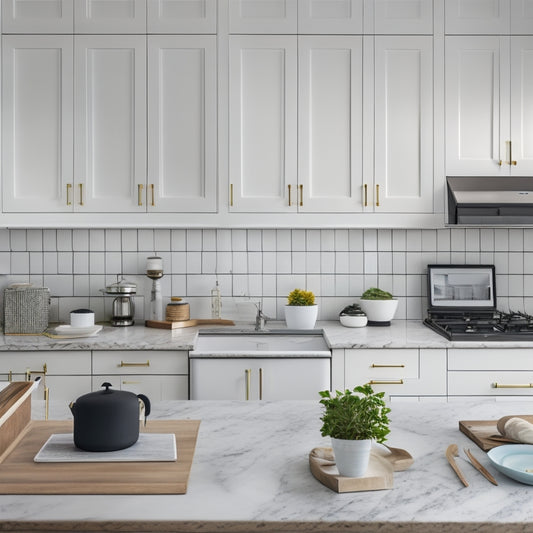 A modern kitchen with sleek, white cabinets and quartz countertops, featuring a MacBook on a wooden island, surrounded by design sketches, pencils, and a cup of coffee, with a subtle grid pattern in the background.