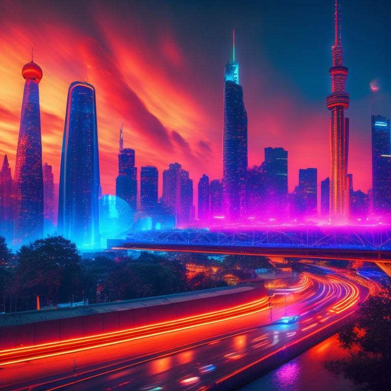 A futuristic cityscape at dusk with sleek skyscrapers, neon lights, and holographic projections, set ablaze with fiery sparks and flames that swirl around a central hub, the Crescent City Expo.