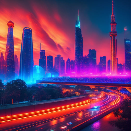 A futuristic cityscape at dusk with sleek skyscrapers, neon lights, and holographic projections, set ablaze with fiery sparks and flames that swirl around a central hub, the Crescent City Expo.