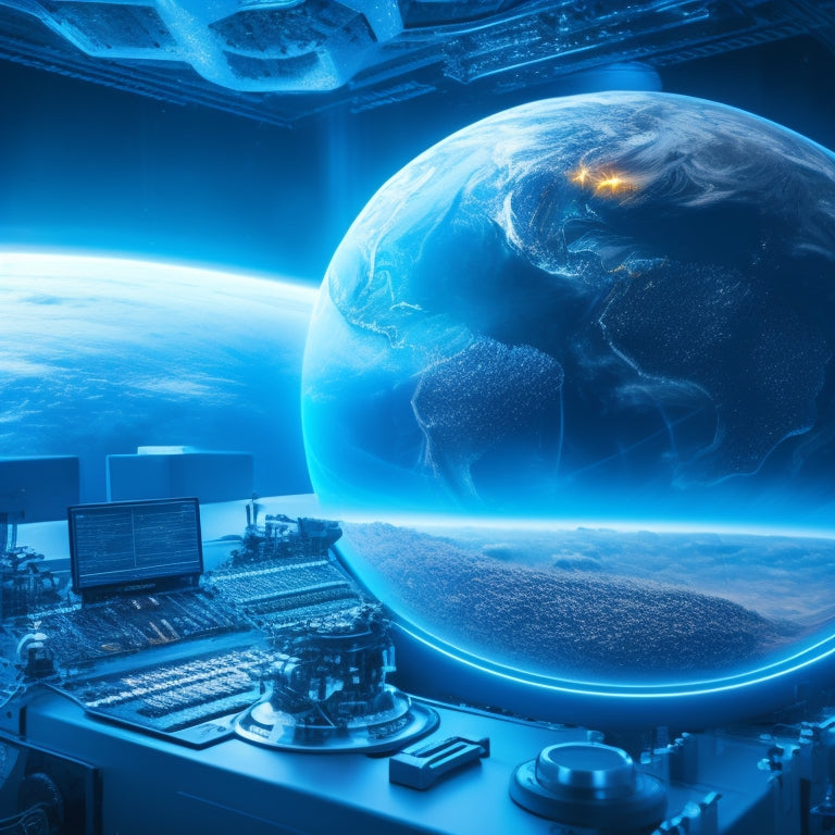 A futuristic dashboard with pulsing blue circuits, spinning gears, and a 3D globe in the center, surrounded by swirling clouds of code and tiny robotic arms making adjustments.