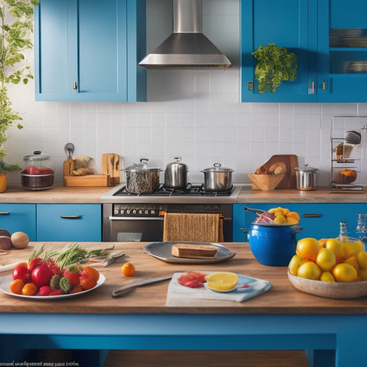 A vibrant, modern kitchen with a sleek island, adorned with a large, open laptop displaying a digital recipe template, surrounded by utensils, ingredients, and a partially prepared dish.