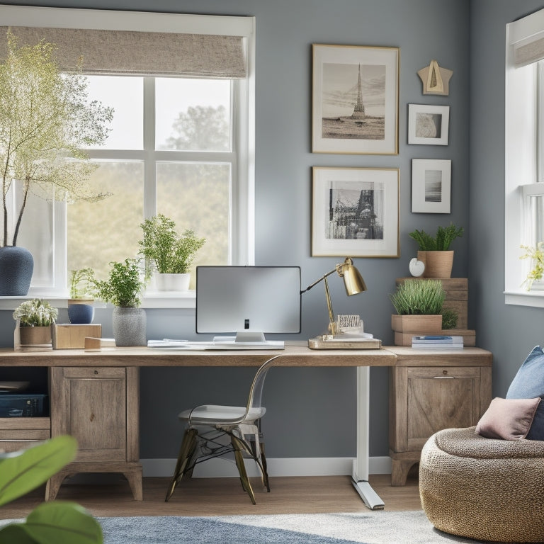 A serene and organized home office with a tidy desk, a laptop, and a few neatly labeled folders, surrounded by calm colors and soft natural light, with a subtle hint of a house blueprint in the background.