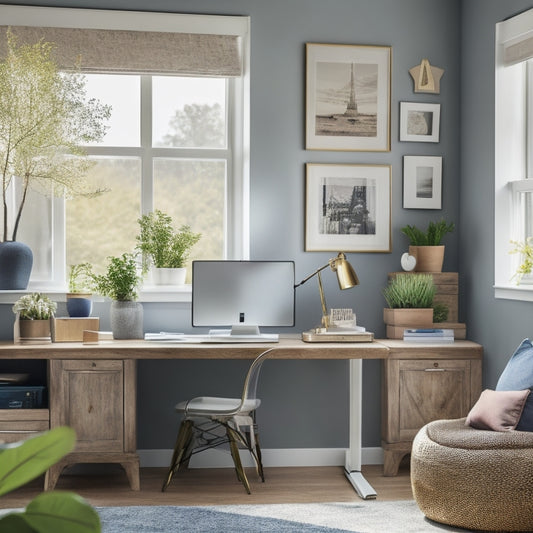 A serene and organized home office with a tidy desk, a laptop, and a few neatly labeled folders, surrounded by calm colors and soft natural light, with a subtle hint of a house blueprint in the background.