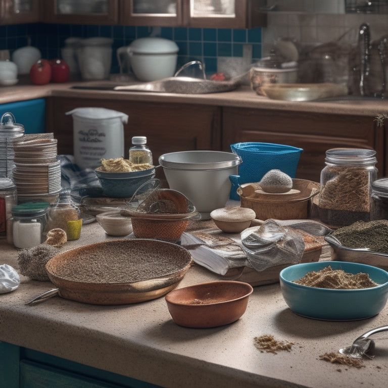 A cluttered kitchen counter with stacks of dirty dishes, crumpled up receipts, and expired condiments, surrounded by tangled kitchen utensils and a toaster with crumbs spilling out.