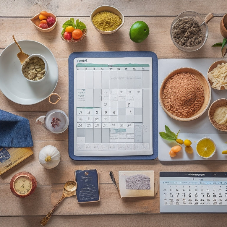 A cluttered kitchen counter with a calendar, phone, and scattered recipe papers, transformed into a tidy space with a single, organized meal planning board and a few healthy ingredients.