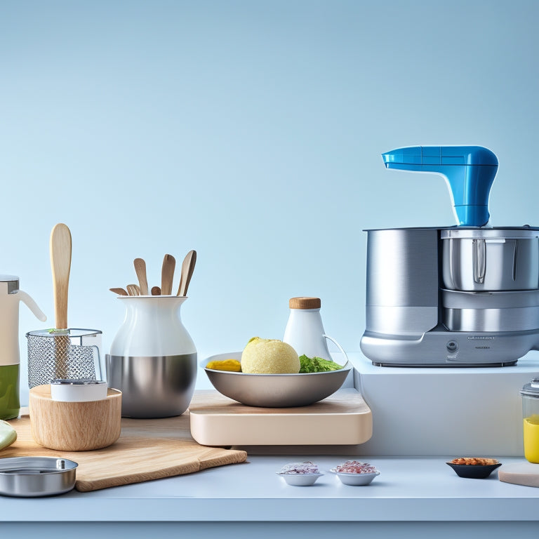 A tidy kitchen counter with a few, carefully placed, sleek, modern utensils and gadgets, including a stand mixer, silicone spatulas, and a stainless steel can opener, against a soft, creamy white background.