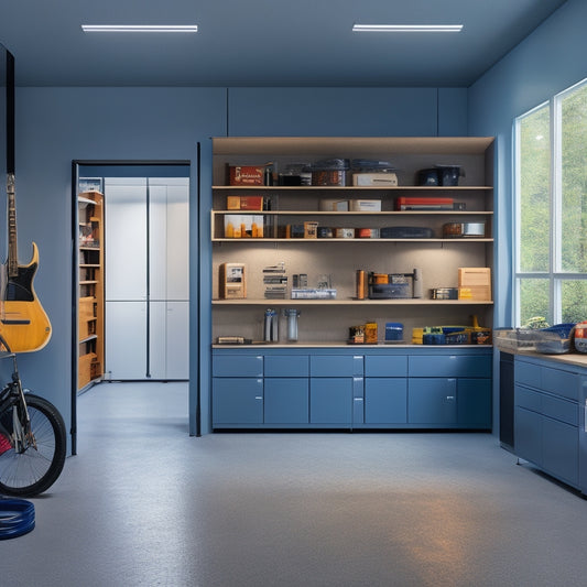 A tidy garage with a sleek, gray cabinet system featuring sliding drawers, adjustable shelves, and a pegboard with hanging tools, surrounded by a clean concrete floor and natural light.