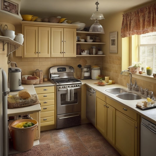 A cramped, L-shaped kitchen with cluttered countertops, a sink piled high with dirty dishes, and a narrow pathway between appliances, surrounded by worn, cream-colored cabinets and faded, yellow walls.