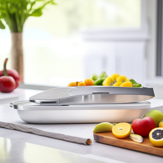 A sleek, silver Enhanced Mandoline Ultra sits on a clean, white countertop, surrounded by sliced fruits and vegetables, with a subtle kitchen background and warm, soft lighting.