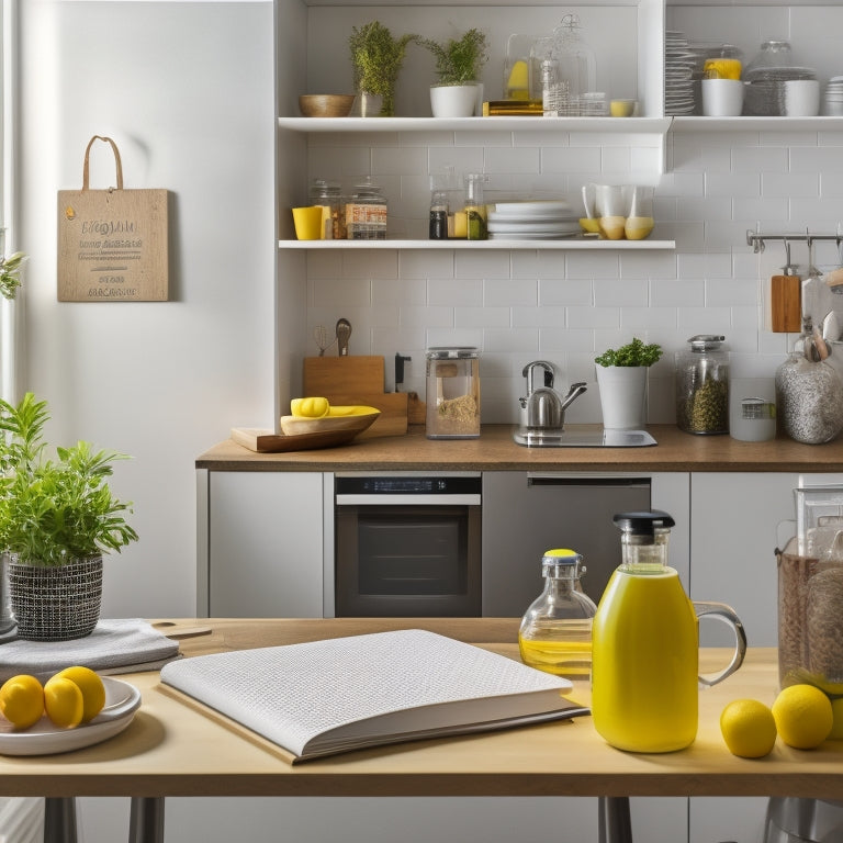 A tidy kitchen with a laptop and notebook on a clean countertop, surrounded by sparkling appliances, utensils, and a few open cookbooks, with a cheerful yellow sponge and a bottle of eco-friendly cleaning solution nearby.