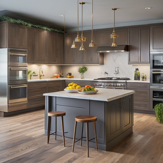 A modern kitchen with a newly installed island featuring a butcher-block countertop, pendant lighting, and a built-in cooktop, surrounded by sleek cabinets and a hardwood floor.