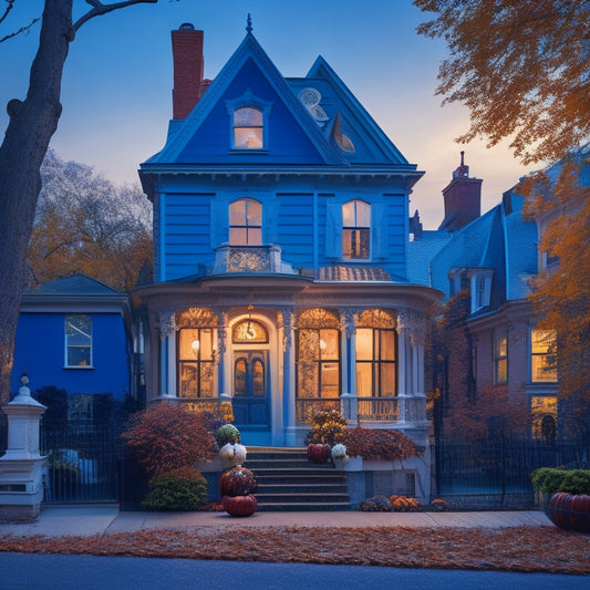 A warm-lit, ornate Victorian house with a bright orange pumpkin-shaped facade, surrounded by autumnal foliage, set against a dark blue NYC cityscape at dusk, with a subtle "for sale" sign.