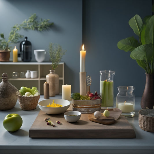 A serene kitchen scene: a tidy island with a single, glowing candle, a neatly organized utensil holder, and a few, artfully arranged ingredients on a bamboo cutting board, surrounded by calm, creamy colors.