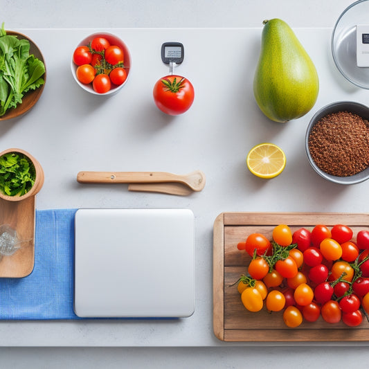 A bright, modern kitchen countertop with a laptop, meal prep containers, a digital kitchen scale, a smartphone with a meal planning app open, and a few fresh ingredients like cherry tomatoes and leafy greens.