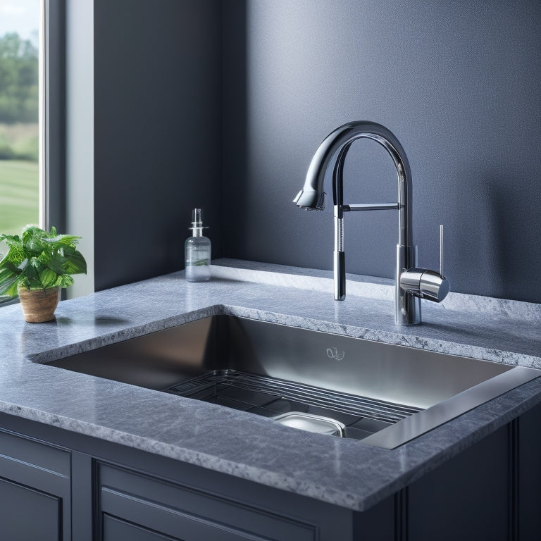 A sleek, modern kitchen featuring a luxurious granite composite sink with a rich, dark grey hue and subtle flecks of silver, accompanied by matching faucet and soap dispenser.