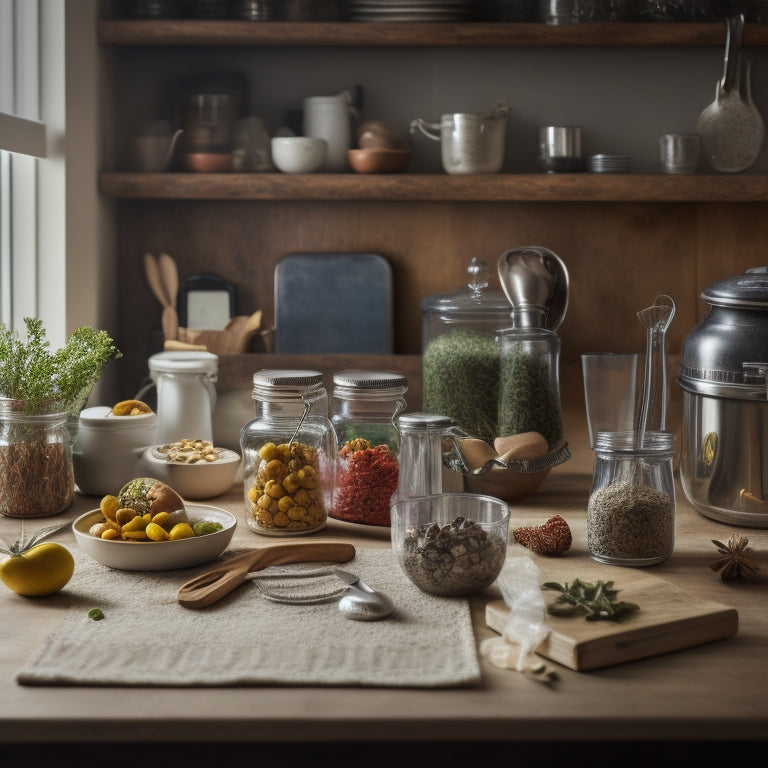 A cluttered kitchen counter with utensils, spices, and cookbooks scattered around, next to a serene and organized kitchen with labeled jars, a tidy utensil holder, and a tablet displaying a kitchen storage app.