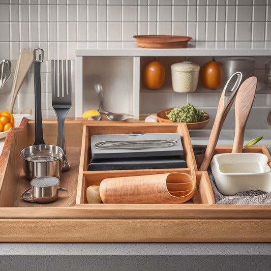 A clutter-free kitchen countertop with a utensil organizer in the background, featuring labeled compartments and neatly arranged utensils, such as a chef's knife, silicone spatula, and wooden spoon.