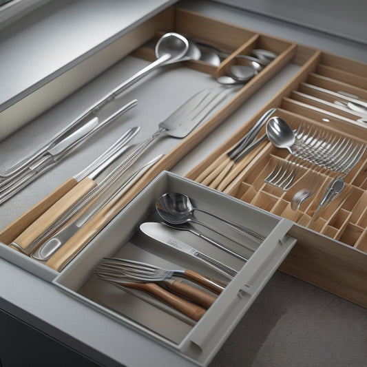 A tidy, well-lit silverware drawer with dividers, a utensil organizer, and a small tray, showcasing a harmonious arrangement of gleaming forks, knives, and spoons in precise, vertical rows.