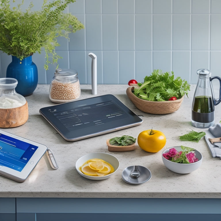 A tidy kitchen counter with a tablet displaying a digital recipe book, a smartphone with a meal planning app, and a sleek smart scale, surrounded by minimal, modern kitchen utensils and a few fresh herbs.