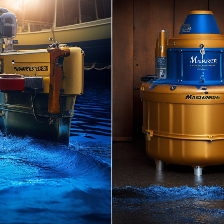 A split-screen illustration of a Mariner's 15hp outboard motor lower unit with a prominent oil leak dripping onto the water, alongside a repaired unit with a secure oil seal and a clean, leak-free hull.