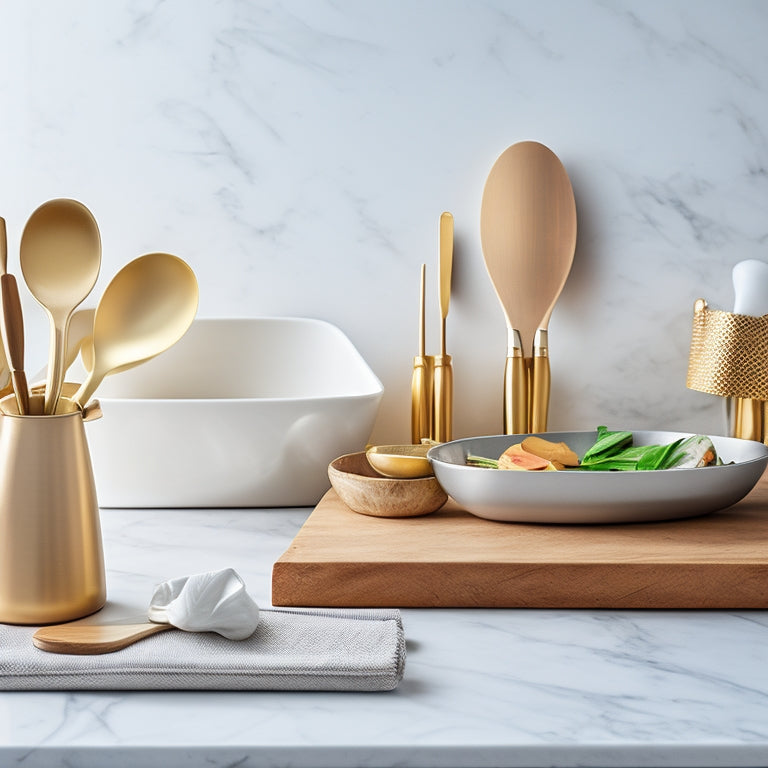 A clutter-free kitchen counter with a utensil organizer, neatly arranged with a chef's knife, wooden spoons, and silicone spatulas, against a clean white marble background with warm golden lighting.